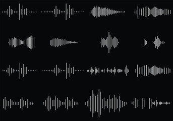 Sound wave set, Black and white sound waves and audio frequencies, Sound wave, audio wave icons, Set of radio wave icons, Sound wave icon thin line outline set