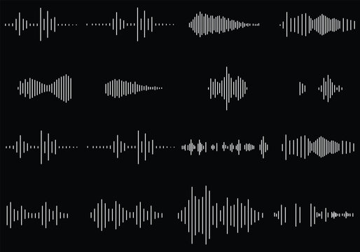 Sound wave set, Black and white sound waves and audio frequencies, Sound wave, audio wave icons, Set of radio wave icons, Sound wave icon thin line outline set