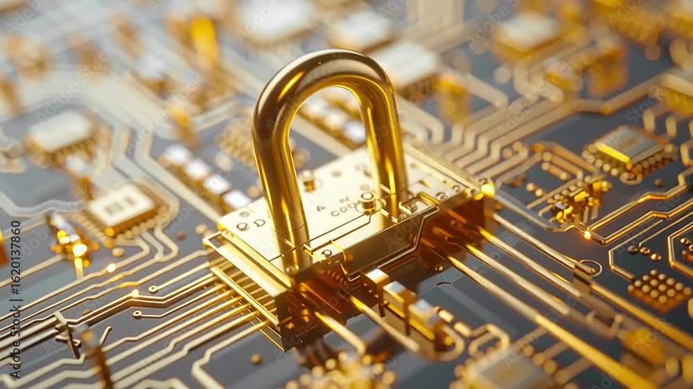 Poster golden padlock electronic circuit board symbolizes cybersecurity, data protection, digital encryptio