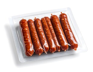 Realistic smoked sausages arranged in a horizontal vacuum-sealed plastic package, full-color printed branding on top, matte plastic with high-gloss label finish, professional food product mockup. 