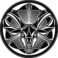 Stylized geometric deer head in tribal tattoo style with symmetrical black and white circular pattern