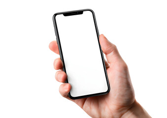 Holding a modern smartphone with a blank white screen ready for your custom content, a clean and versatile digital tool for any project.