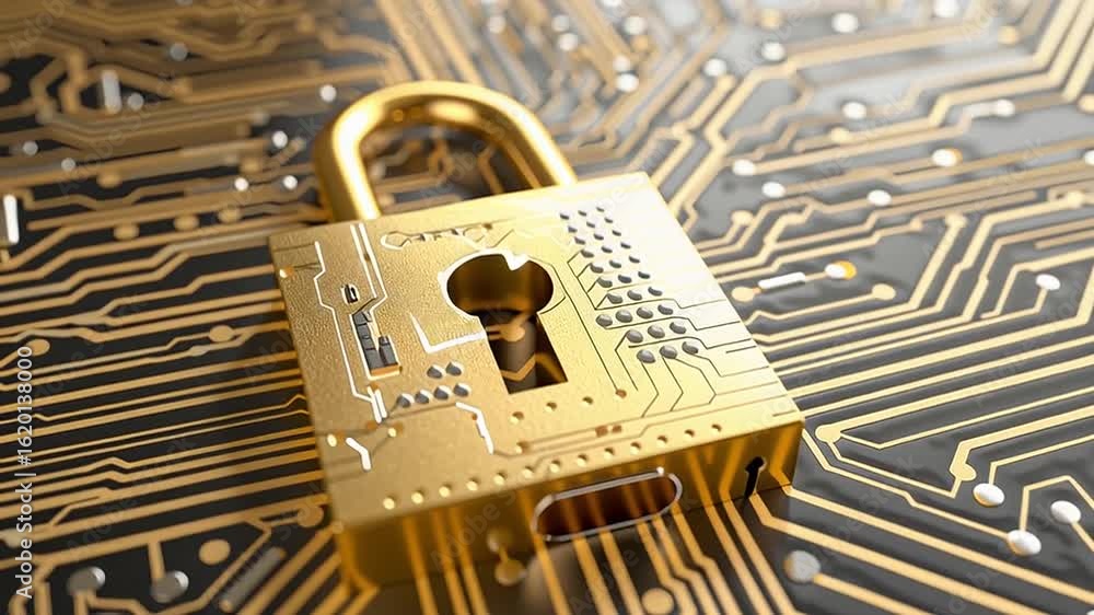 Poster golden padlock with circuit board design symbolizes gold standard in cybersecurity, digital data pro