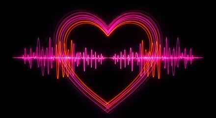 Heart shaped neon light with pink sound wave on black background for valentine's day concept