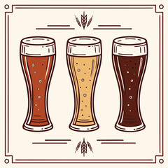 Three different beer glasses with varying colors of brew in a vintage illustration style with wheat motifs