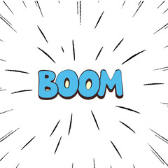 Minimalist boom text in blue comic style with motion lines radiating from center on white background