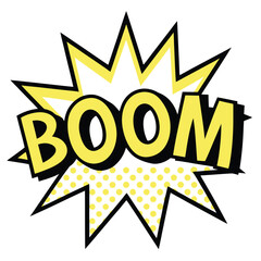 Yellow boom text with dotted comic burst and black outline in pop art retro comic book style