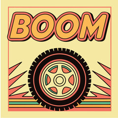 Colorful comic style illustration of a tire explosion with bold BOOM text and dynamic background.