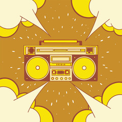 Colorful retro style illustration of a boombox with comic-style speech bubbles and explosive elements