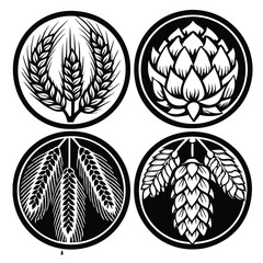 Set of four black and white circle illustrations of barley, hops, and artichoke in detailed line art