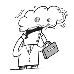 Conceptual black and white illustration of a businessman with a cloud instead of a head, holding a briefcase