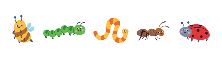 Cute insects illustration set, vector, simple, flat design for children's posters, books, backgrounds and  children's room decoration. Insects collection, isolated on a white background