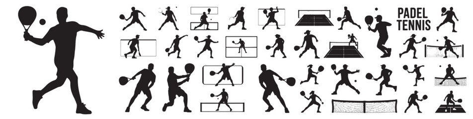 Fototapeta premium Collection of padel tennis player silhouettes in various action poses on a white background design set