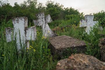 Cemetery with ancient stones and stone crosses. Old cemetery overgrown with grass