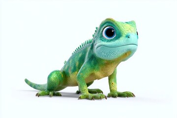 Naklejka premium 3D cartoon lizard green with big blue eyes standing on white background