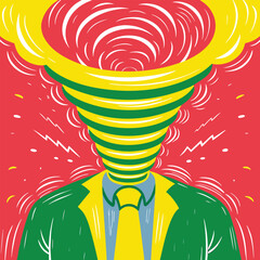Surreal illustration of a man in a suit with a tornado funnel replacing his head on a red background