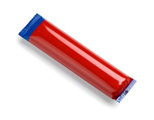 Single sausage stick in colorful snack packaging, crimped edges, glossy plastic wrapper with branding space, isolated on white, commercial product mockup style.