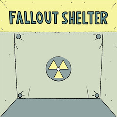 Illustration of a fallout shelter entrance with radiation symbol and yellow signage above the door