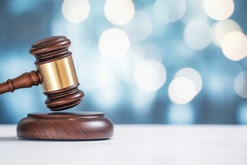 wooden gavel with a gold band on a white table, with a bokeh background of blue light and a blurred office space, concept of law or justice in a court case, with frames for text and banner design