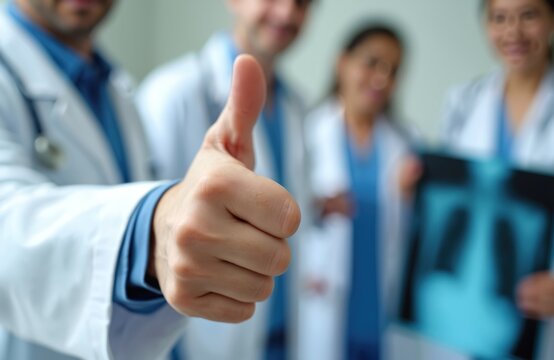 Doctor thumbs up with medical team holding x-ray. Professionals convey optimism, trust, quality care. Focus on healthcare excellence, advanced technology, positive diagnosis and recovery.
