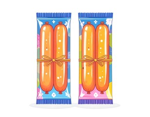 Twin-pack of mini sausages in slim colorful wrappers with Japanese-style cartoon design, glossy, anime-style food packaging.