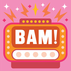 Bright colorful comic style illustration of a signboard with "BAM!" and lightning bolts on a pink background