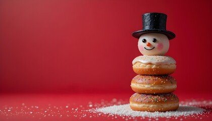 Snowman made by donuts.Wearing black hat is standing on red background for christmas celebration.


