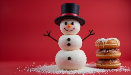 Snowman made by donuts.Wearing black hat is standing on red background for christmas celebration.


