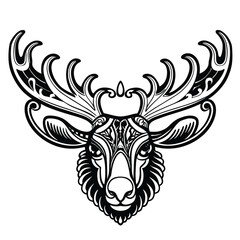 Black and white tribal-style decorative illustration of a majestic deer head with elaborate antlers