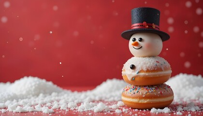 Snowman made by donuts.Wearing black hat is standing on red background for christmas celebration.


