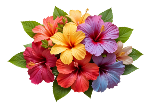 Tropical Hibiscus Flower Bunch with Green Leaves – Transparent Background PNG. - Powered by Adobe
