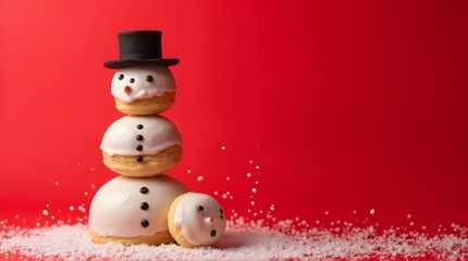 Snowman made by donuts.Wearing black hat is standing on red background for christmas celebration.


