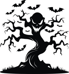 Scary Halloween Tree with Evil Face, Bats, Twisted Branches, Spooky Haunted Illustration