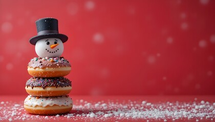 Snowman made by donuts.Wearing black hat is standing on red background for christmas celebration.


