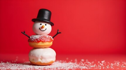 Snowman made by donuts.Wearing black hat is standing on red background for christmas celebration.


