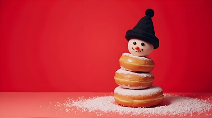 Snowman made by donuts.Wearing black hat is standing on red background for christmas celebration.


