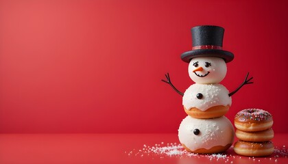 Snowman made by donuts.Wearing black hat is standing on red background for christmas celebration.


