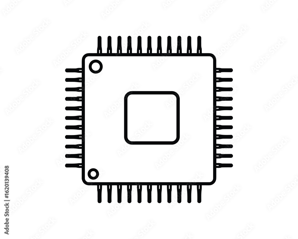 Poster black and white computer chip icon design, isolated processor component, square shape, vector illust