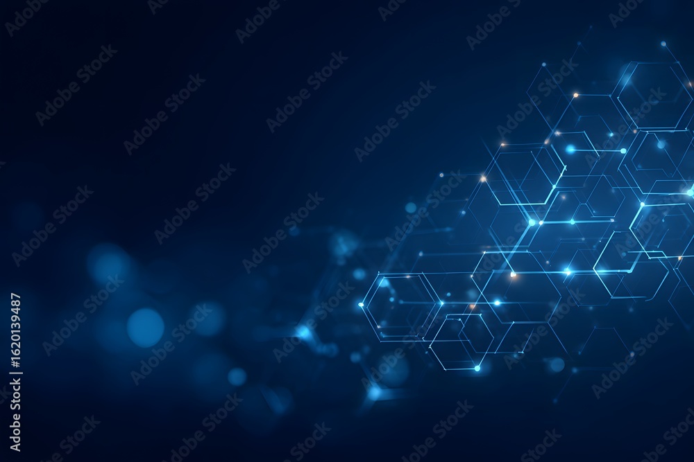 Poster blue background with a hexagonal pattern for a technology, science,