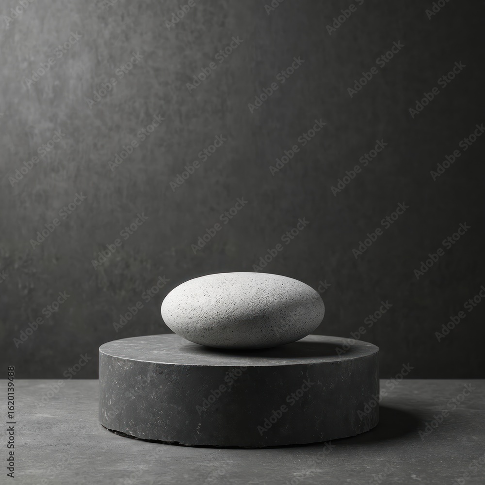 Poster minimalist presentation of light gray textured stone on dark gray pedestal. modern abstract composit
