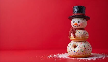 Snowman made by donuts.Wearing black hat is standing on red background for christmas celebration.


