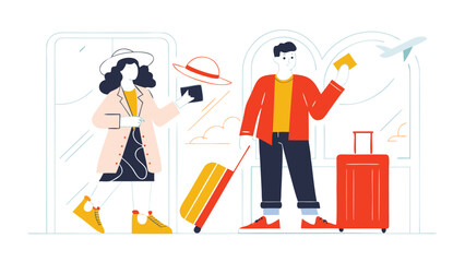 Illustration of a couple with luggage ready for travel at the airport near a window