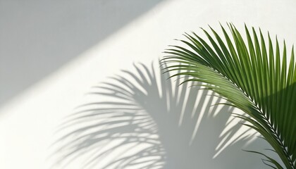 Fototapeta premium Close-up of green palm leaf on white wall. Long shadow cast by leaf provides depth and dimension. Minimalist, serene background, high contrast between leaf and wall.