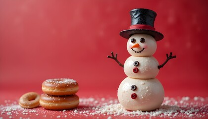 Snowman made by donuts.Wearing black hat is standing on red background for christmas celebration.


