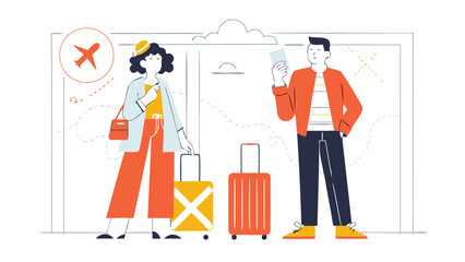 People with luggage standing in front of a travel themed backdrop ready for their trip to begin