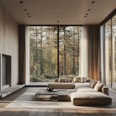 Modern living room with forest view
