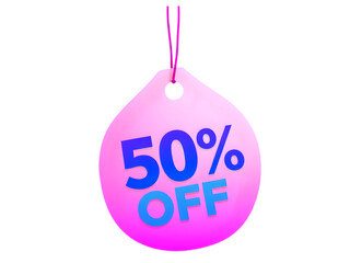 Maximize Savings with This Fresh Sales Graphic: A Prominent 50% Off in Modern Blue Text, Accompanied by a Playful Pink Tag, All Presented on a Versatile Transparent Background.