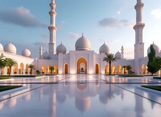Majestic White Mosque with Palm Trees and Reflective Plaza Under a Blue Sky architecture