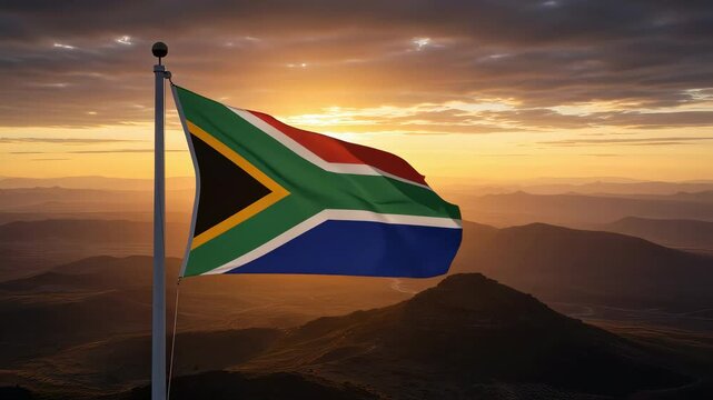 The South African flag blowing proudly at sunset over Table Mountain under golden skies