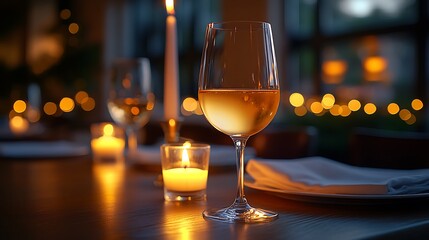 Romantic wine glass on a table with candles in a cozy restaurant setting this photo captures a special evening